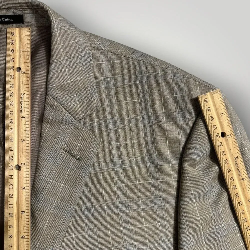 PRONTO UOMO Mens Blazer Sport Coat Two Button Jacket Tan/Blue Plaid 44R Wool